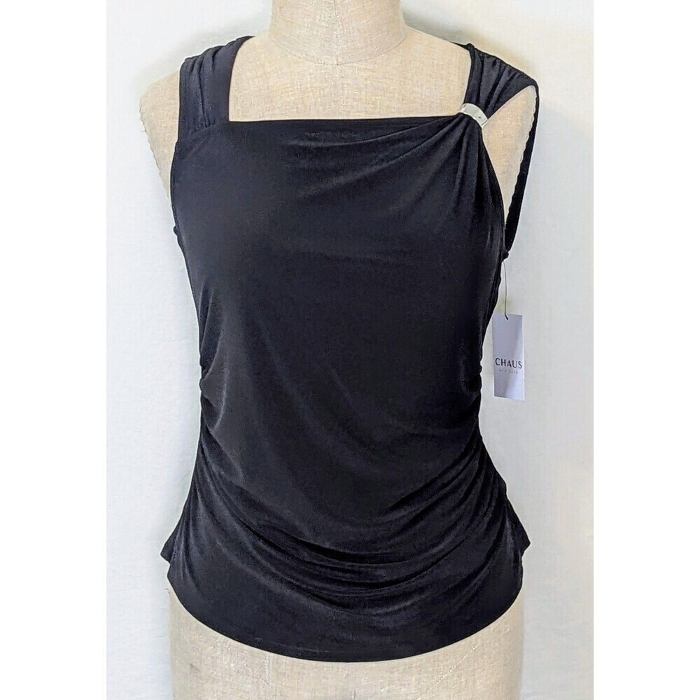 Chaus New York Womens XL Black Asymmetrical Sleeveless Blouse Ruched Stretch Top